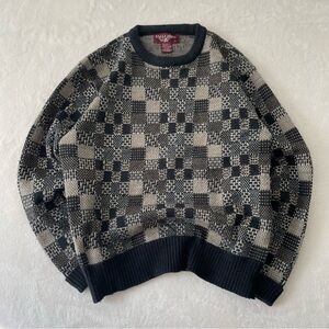 Vintage Eagle Point Checkered Knit Sweater 90s Black Beige Acrylic Wool Sz L Men